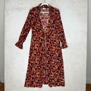 Ember Floral Mesh Duster Long Cardigan Burgundy Orange Smocked Cuff Boho Size S